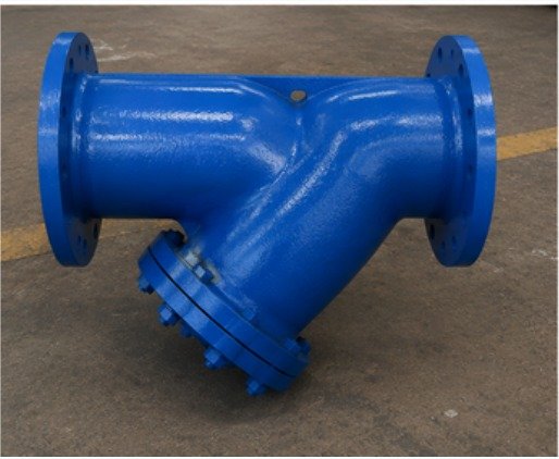 Blue flanged Y-strainer manufactured for an industrial water system