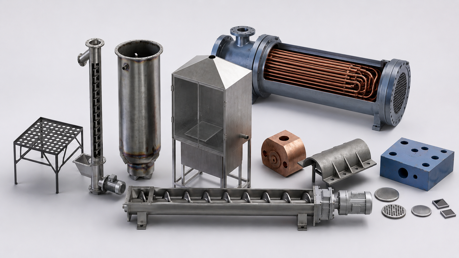 Engineering capability visualization showing fabricated vessels, a heat exchanger, screw conveyor, and custom industrial components