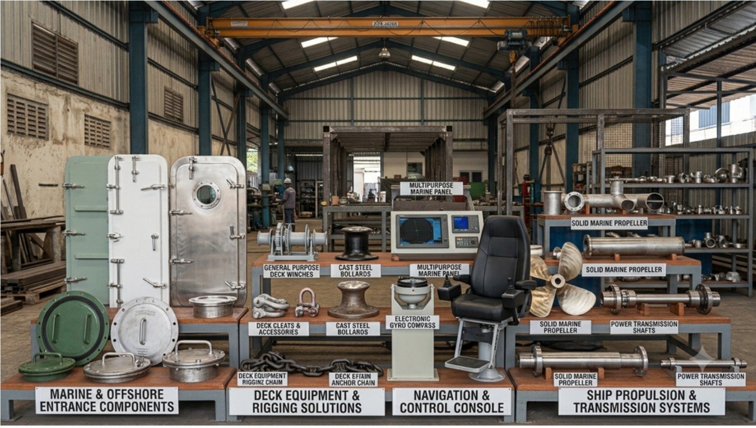 Marine entrance, deck equipment, navigation, propulsion, and transmission components